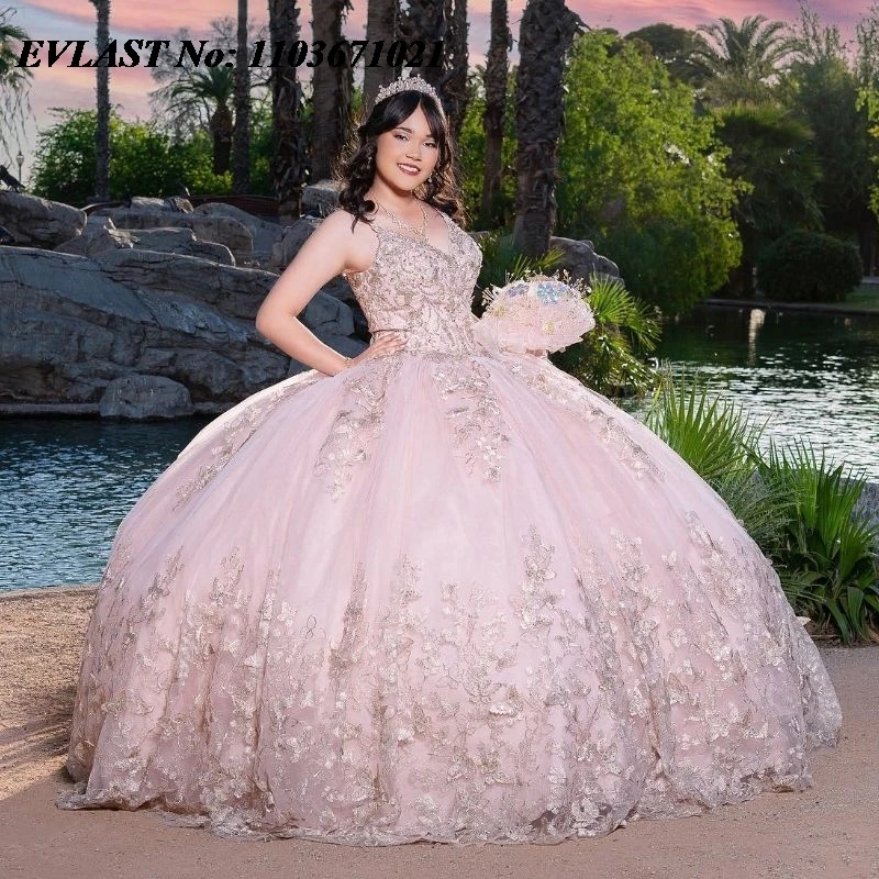 

EVLAST Customized Pink Ball Gown Quinceanera Dress Gold Lace Applique Beading Cape Corset Sweet 16 Vestidos De 15 Anos SQ196