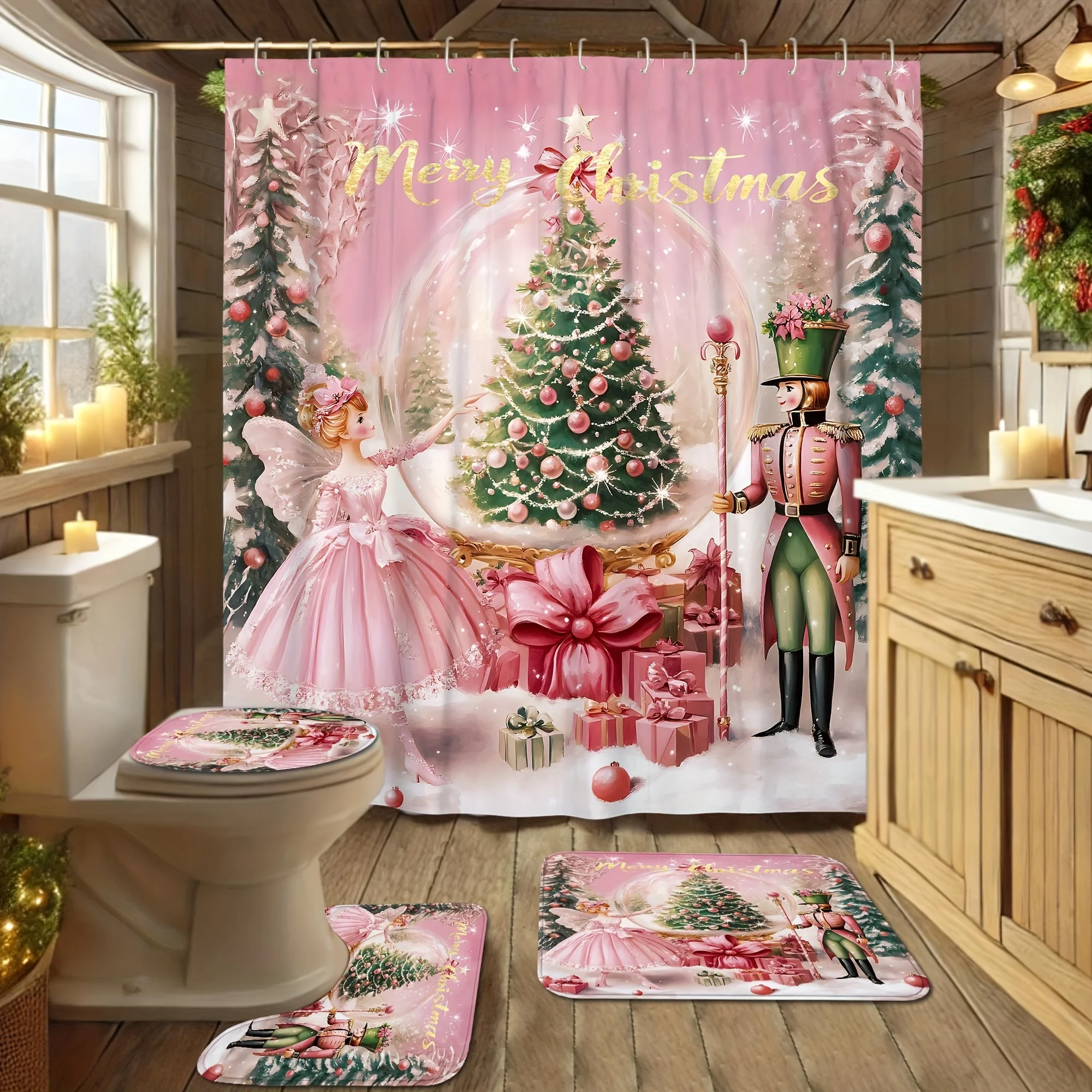 4Pcs Xmas Shower Set, Tree Gift Nutcracker, Cute Pink Green, Holiday Bath Decor, 12 Hooks, Non-Slip Mat, U-Shaped Cover