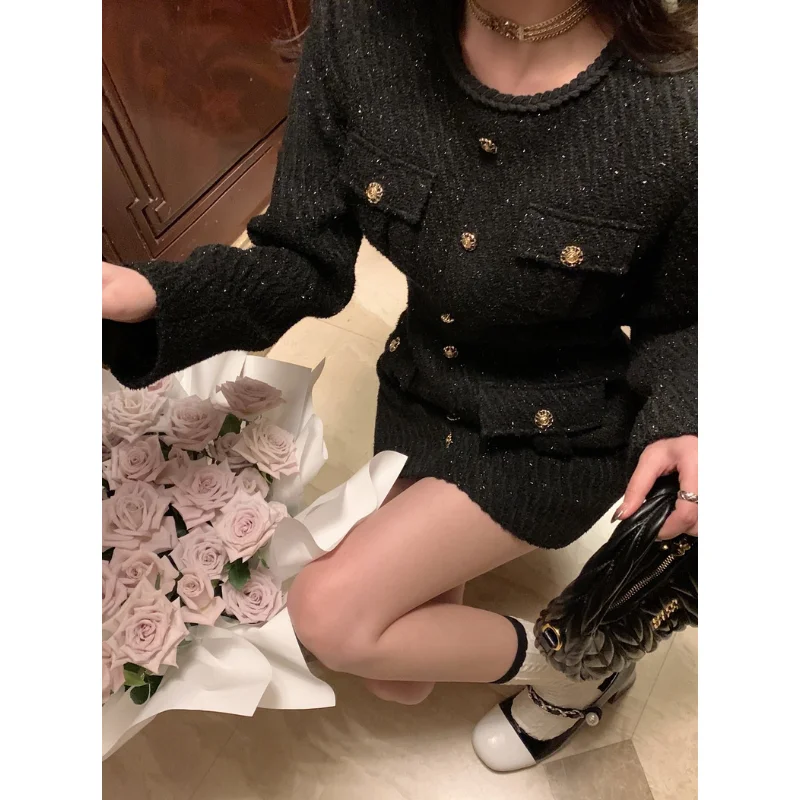 French White Long-sleeved Round Collar Tweed Dress Small Fragrant Wind Korea Shine Elegant Party Mini Female Dress Spring Autumn