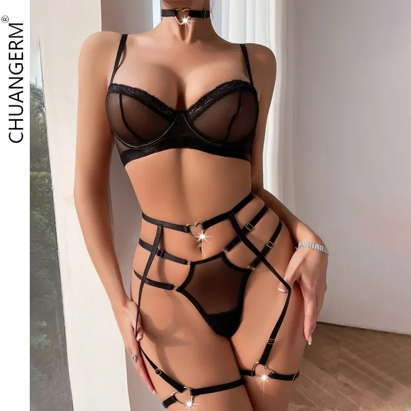 

Прозрачное Эротическое нижнее белье из сетчатой ткани, женский сексуальный костюм из четырех предметов, комплект женской одежды, прозрачный бюстгальтер, женское нижнее белье