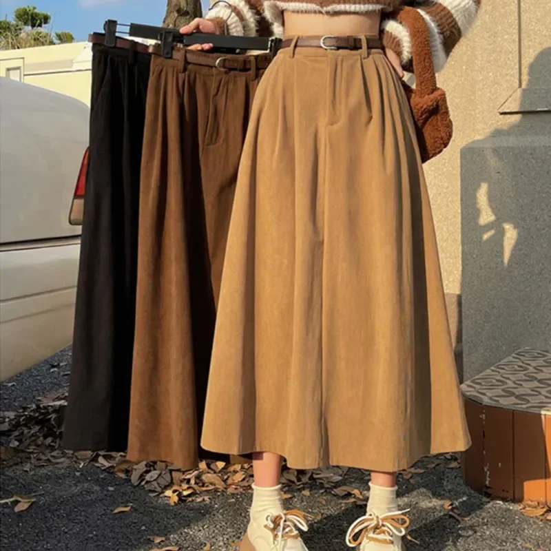 Winter Retro Corduroy Skirt Women Clothing Soild High Waist Big Swing A-Line Skirts with Pockets Streetwear Chic Lady Long Skirt