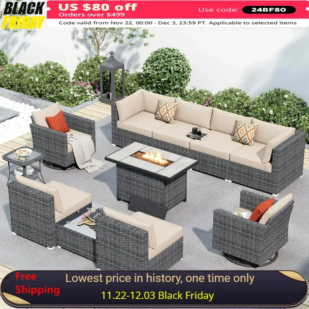 11 Piece Patio Sectional Furniture Set with Fire Pit Table, Resistant Modular L Shaped Outside Couch Swivel Chair Set(Beige)