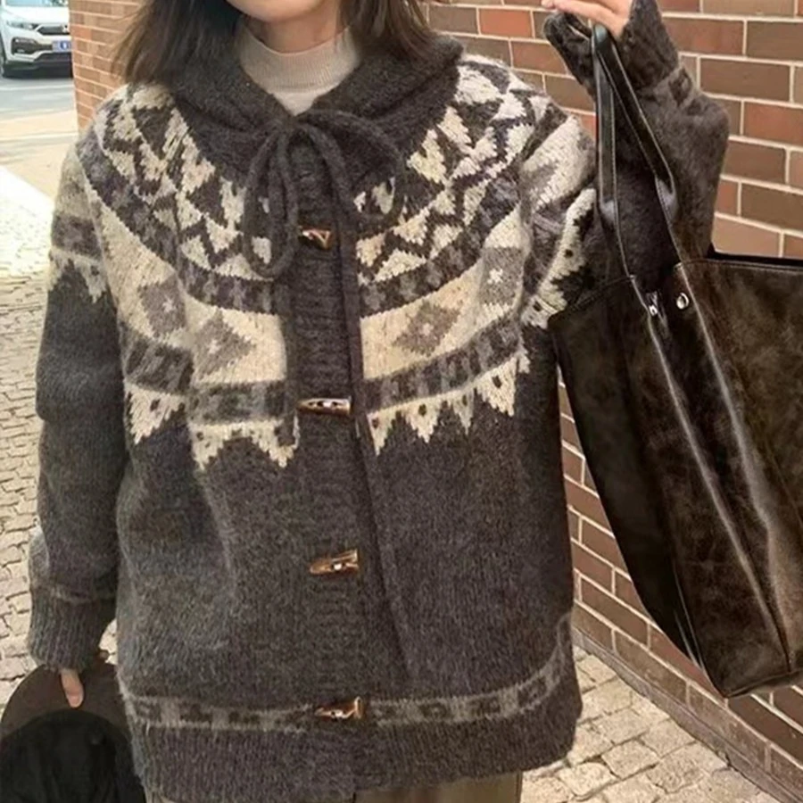 

Women Knitted Cardigan Sweaters Jacquard Jumpers Lace Up Hooded Long Sleeves Single Breasted Loose Fit Casual 2026 Autumn Winter