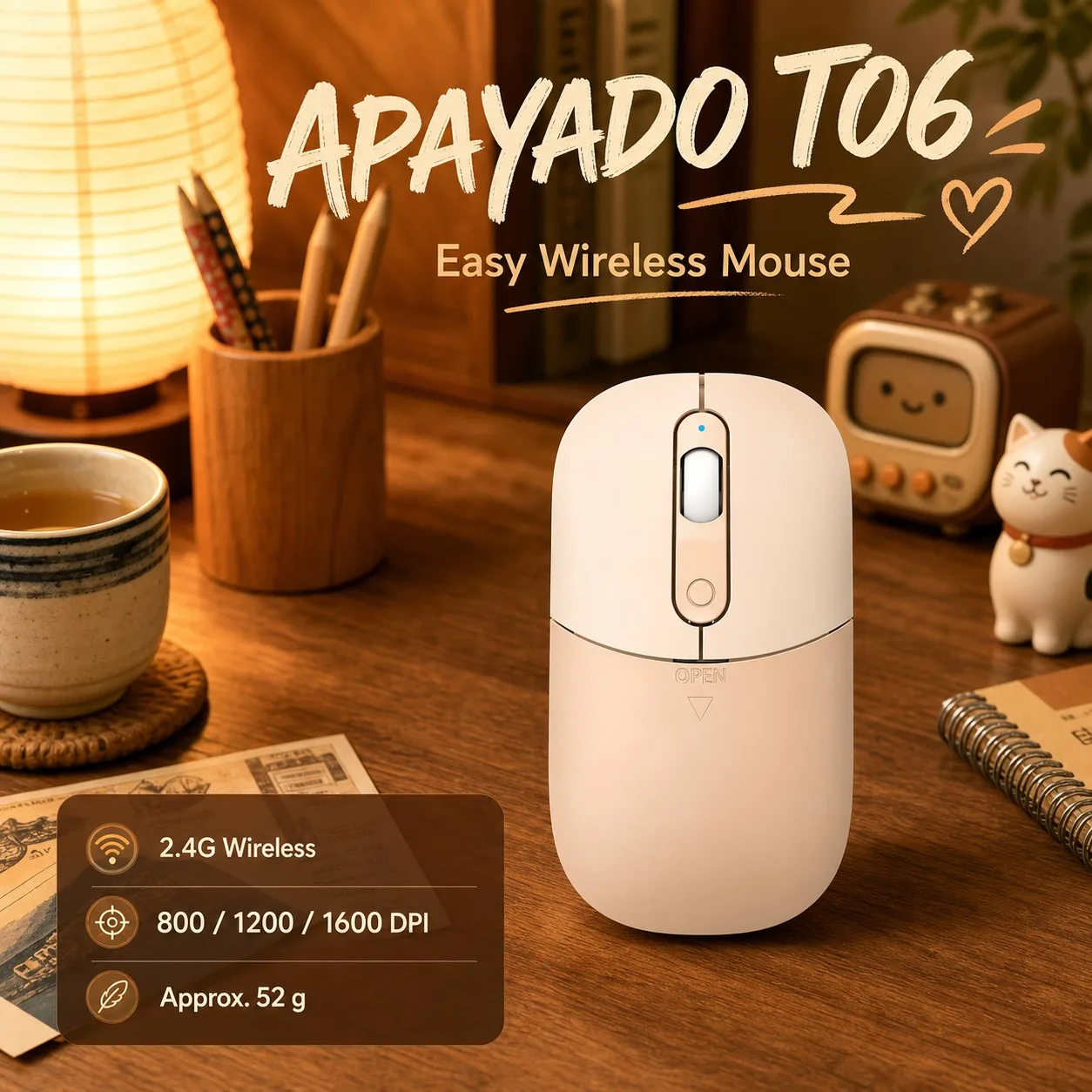 APAYADO T06 Mouse, 2.4GHz wireless Connection, AA battery Power supply, 108 x 60 x 32mm Dimensions, Approximately 52g Weight