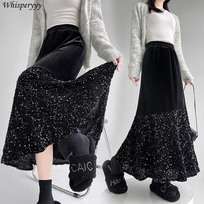 Sequin Splicing Velvet Skirts for Women Fishtail Skirt New Autumn Winter Fashion Elastic Waist Evening Dresses