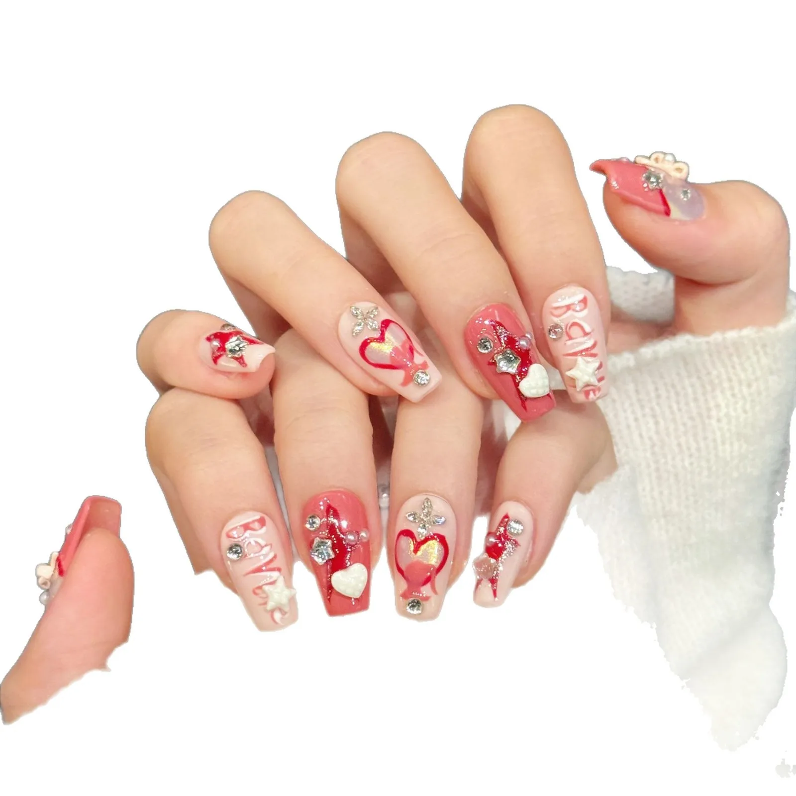 10 pçs feito à mão imprensa curta em unhas doce legal rosa estrela francesa arco strass design y2k unhas falsas wearable arte do prego spice girl