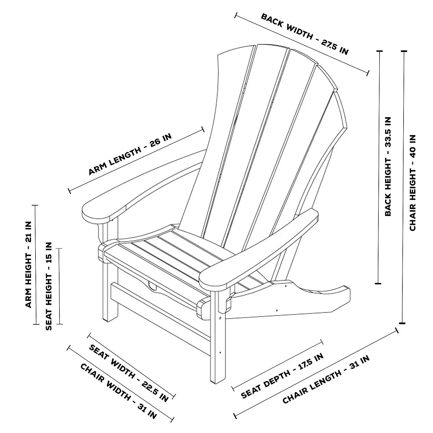 Eco-Friendly Adirondack Chair Outdoor Patio Seating Recycled DuraWood Stainless Steel Hardware Smooth Finish, Customized