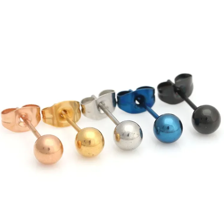 Fashion Women Men Silver Color Gold Black Blue Titanium Steel Round Mini Balls Gold Bean Stud Earrings Ear Piercing Jewelry