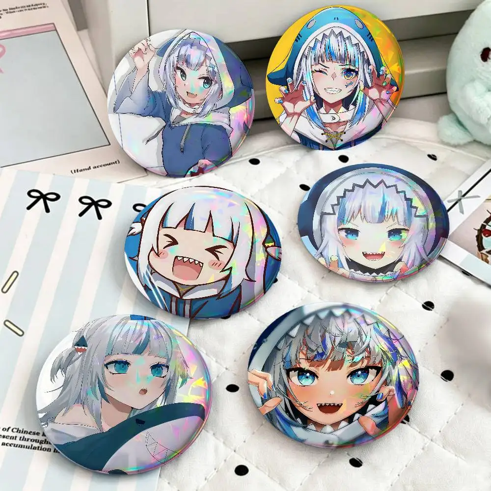 Anime G-Gawr Gura For Badge Custom Laser Hologram Enamel Pin Badge Metal Lapel Brooch For Clothes Bag Accessory Gift
