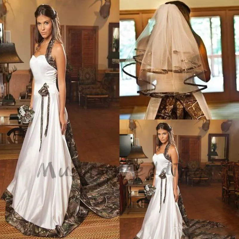 

Country Style Camo White Wedding Dresses Sexy Halter A Line Boho Cheap Satin Wedding Gowns Summer Bohemian Bride Customized