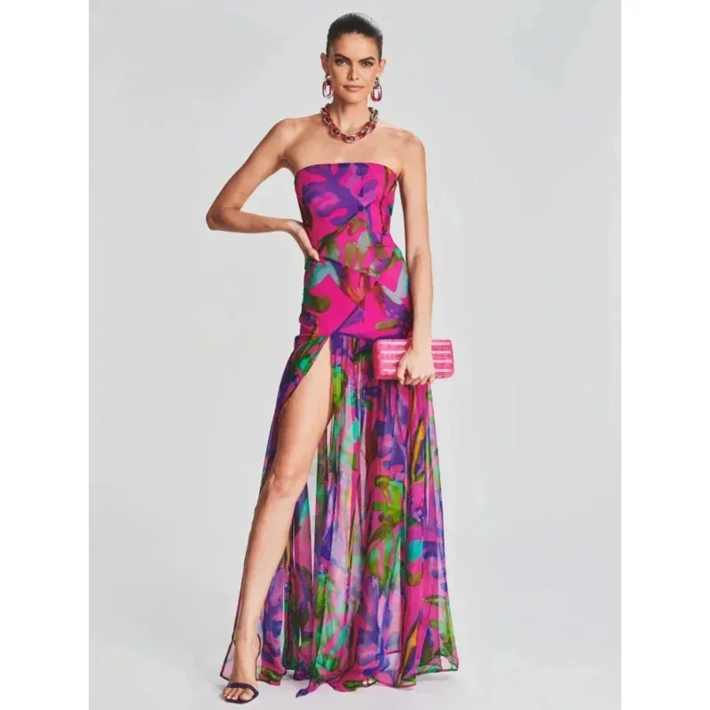 

NewPrint Strapless Mesh Patchwork Slit Long Dress Sexy Women Sleeveless Printed Split Colorful Vacation Maxi Dress Party Who QL1
