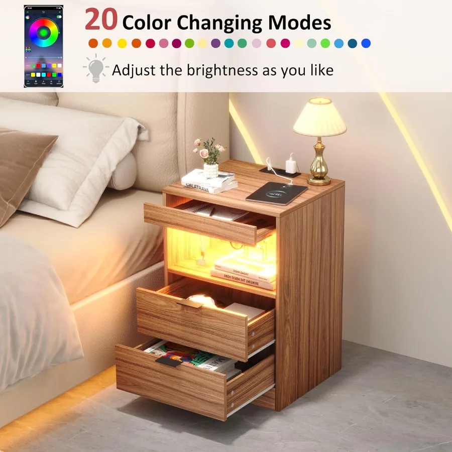 Mesita de noche moderna con iluminación LED y estación de carga integrada, mesa auxiliar con acabado de madera y dos estantes extraíbles