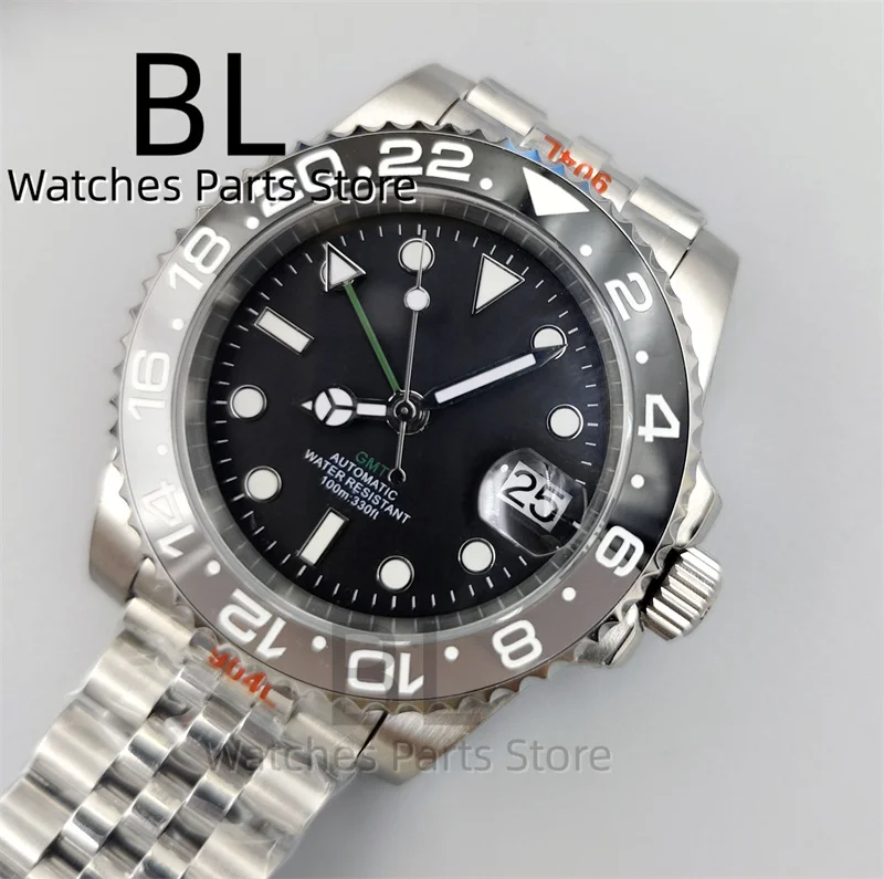 BLIGER 40mm NH34 GMT Watch For Men With Black Gray Ceramic Bezel Sapphire Glass Green Gmt Hands Green GMT Text Jubilee Bracelet