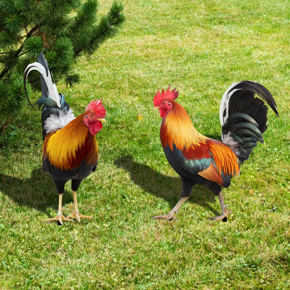 2 Pcs Rooster Garden Decoration Inserted Patio Stake Adornment Yard Scene Layout Signage Metal