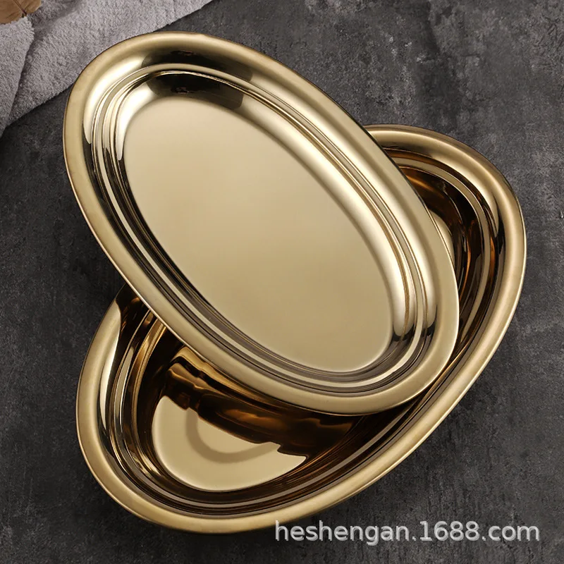 Stainless steel oval plate egg-shaped steamed fish plate Korean style golden plate BBQ sausage noodle dinner plate