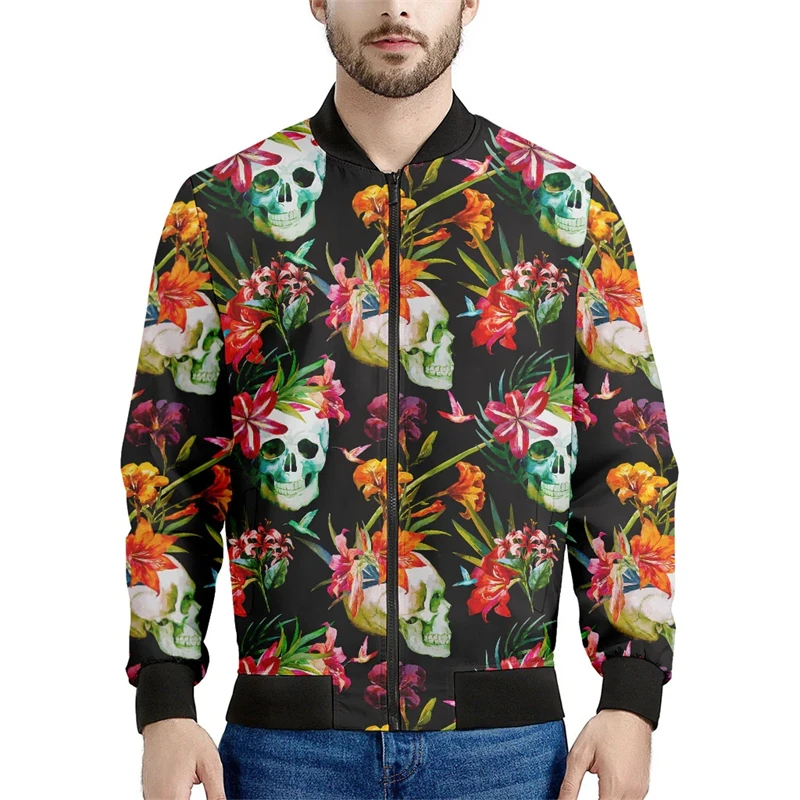 Tropical Flower Leaves Pattern Print Men's Bomber Men Jacket 3d Long Sleeve Sweatshirt Oversize Street Bomber Zipper Jacket Coat