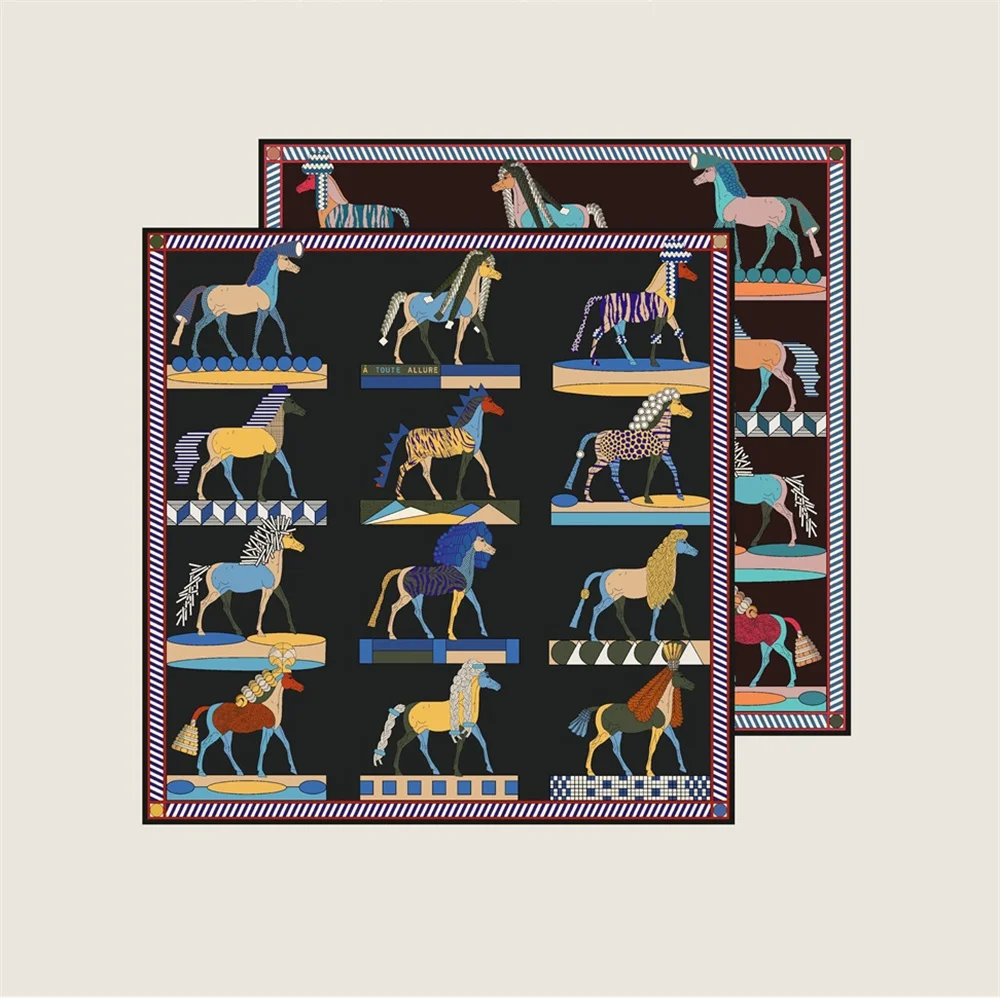 

POBING ручной скрученный саржевый шелковый шарф женский квадратный шарф с головой лошади с двойным принтом накидки Echarpes платки Femme хиджаб 90 см