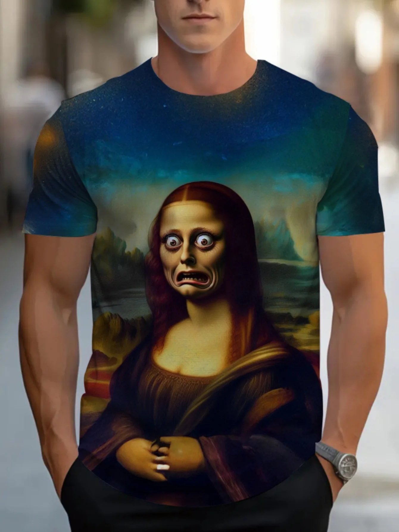 Camiseta con estampado artístico de Mona Lisa y noche estrellada para hombre, camiseta informal de verano azul suave con diseño de Leonardo da Vinci y Van Gogh