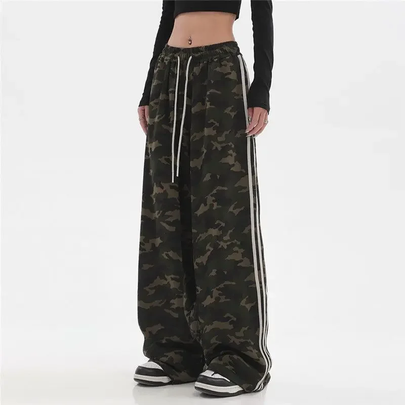 Hip Hop Vintage Camouflage Striped Jogging Sweatpants Women Streetwear Oversize Elastic Waist Wide Leg Casual Sports Trousers