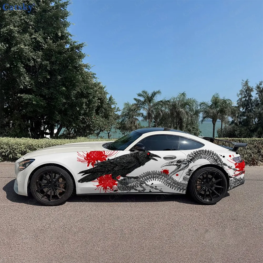 2pcs Raven Snake Bone And Skull, Durable, Fade-resistant, Enhance Vehicle Aesthetics With Bold Artistic Design Car Vinyl Wraps