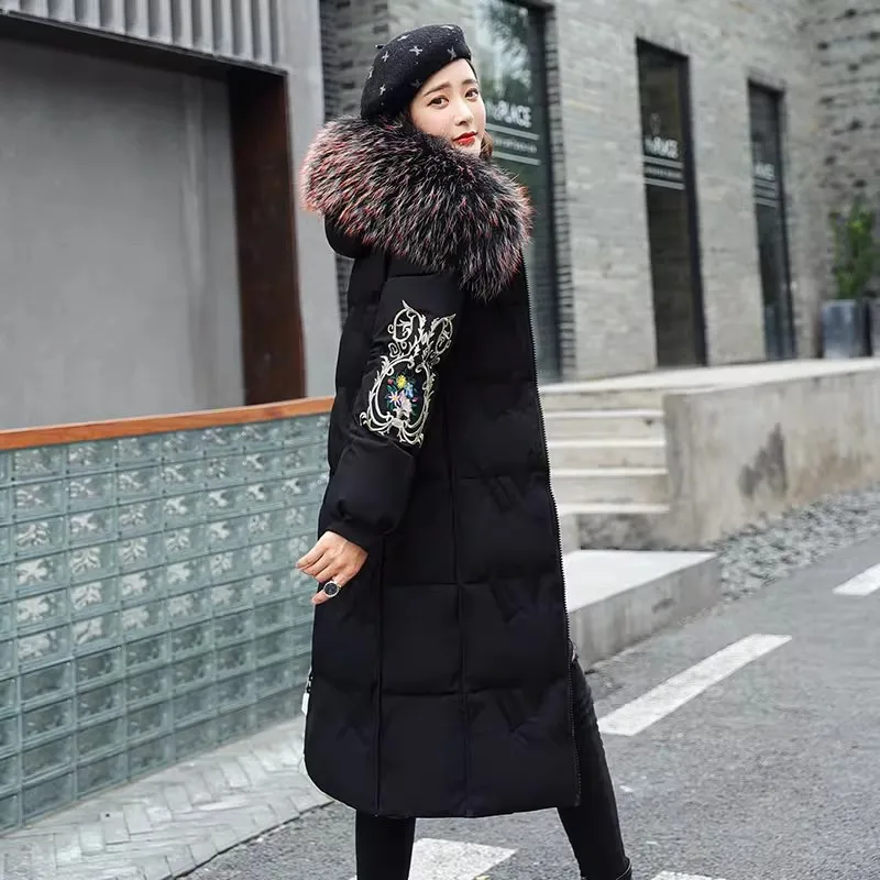 Women Winter Two Sides Jacket With Fur Hooded Long Cotton Padded Female Warm Coat Outwear Print Parka