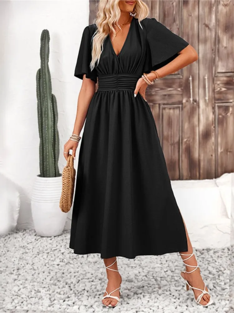 

Summer Solid Color Long Dresses Women Ruffled Short Sleeves V-neck Folds Elastic Waist Slit Dress Fashion Elegant Lady Vestidos