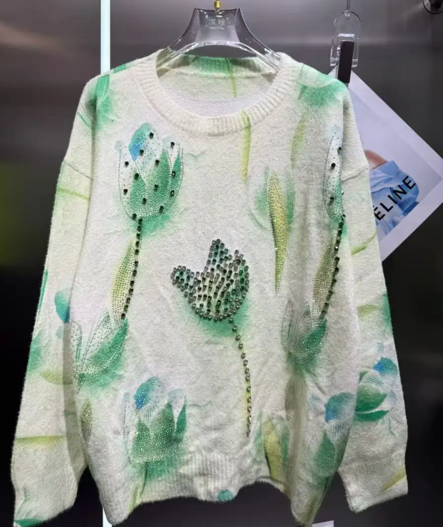 Sparkling Diamonds Stones Stitch Sweater for Women Autumn/Winter Sweaters New Knitwear Pullover Outwears Top Femme Clothing