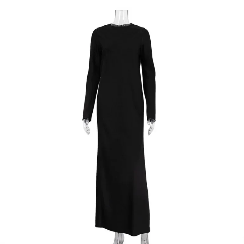 XIZOU Casual Abito da donna in raso nero 2024 Moda O-Collo Manica lunga Abiti alla caviglia Elegante abito femminile classico solido