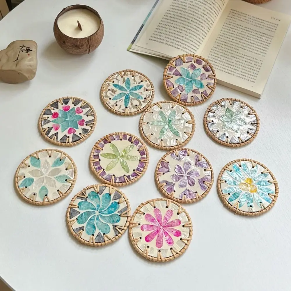 

Table Decoration 10cm Rattan Shell Cup Mat Colorful Round Seashell Cup Mat Bohemian Style Coaster Tea Table