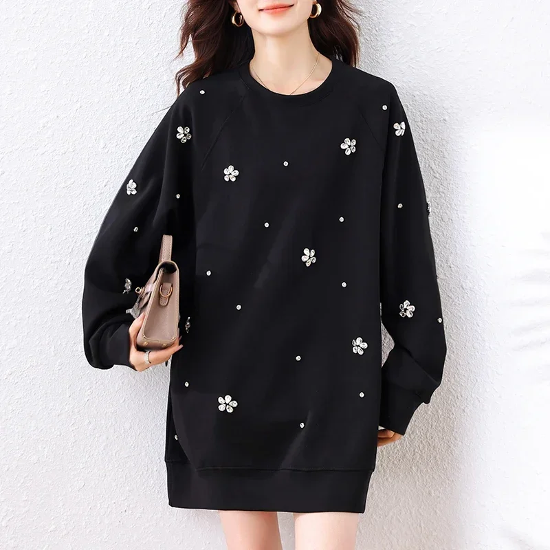 Flowers Diamonds Hoodies Women's 2024 New Autumn Fashion O-neck Long Sleeve Balck Causal Loose Pullover Sweatshirts Female Tops