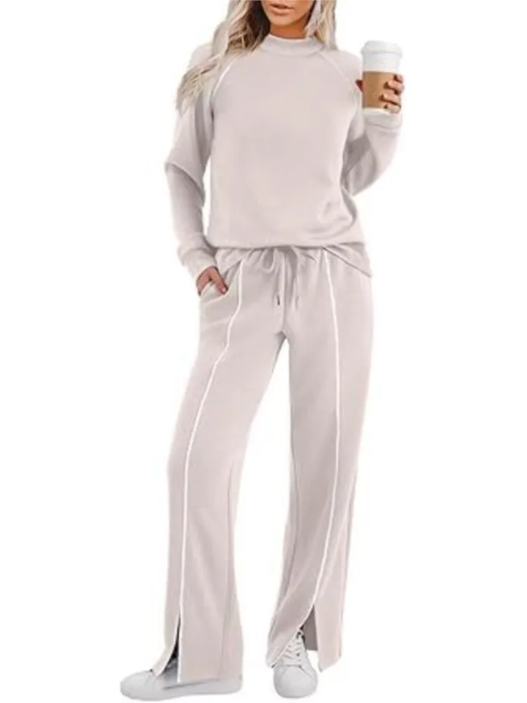 

Повседневные спортивные комплекты из 2 предметов для женщин, модные однотонные пуловеры с круглым вырезом и длинными рукавами, толстовка + брюки с высокой талией, комплект уличной одежды