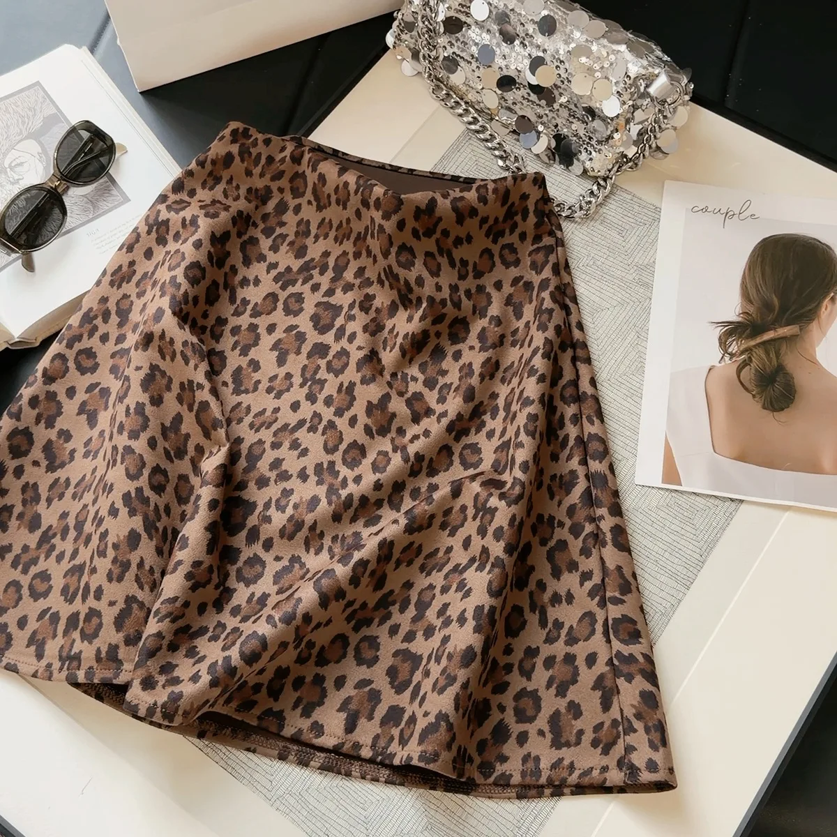 Fashion Retro Suede Leopard Print Skirt Women's Autumn New High Waist A Word Hip Skirt