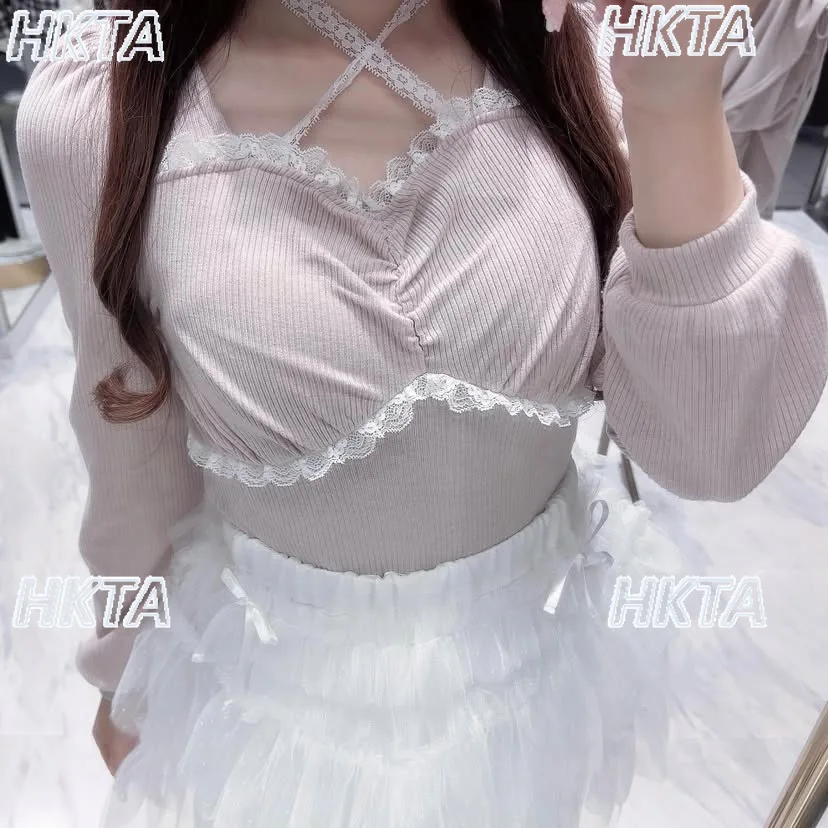 

Японский милый кружевной украшенный блестящий эластичный пуловер в форме груди, вязаная рубашка, осенняя новая черная футболка с длинными рукавами, топ в стиле Лолиты