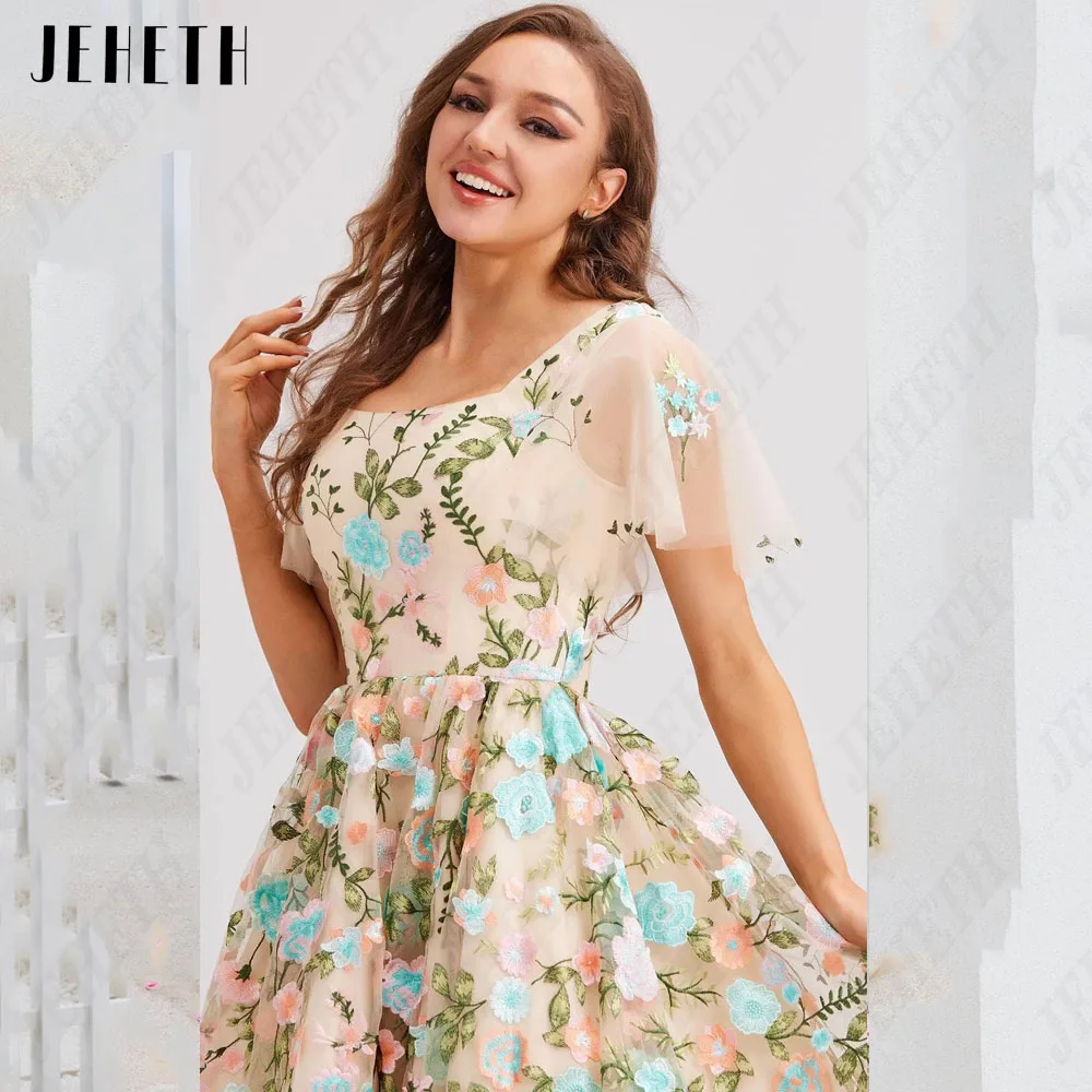 Jeheth Flower Lace dance dress embroidery Flower Lace a short Sleeve TUL Party dress Square neckJEHETH vestido De fiesta De encaje De flores, bordado Floral, línea A, manga corta, tul, cuello cuadrado, Vestidos De Gala