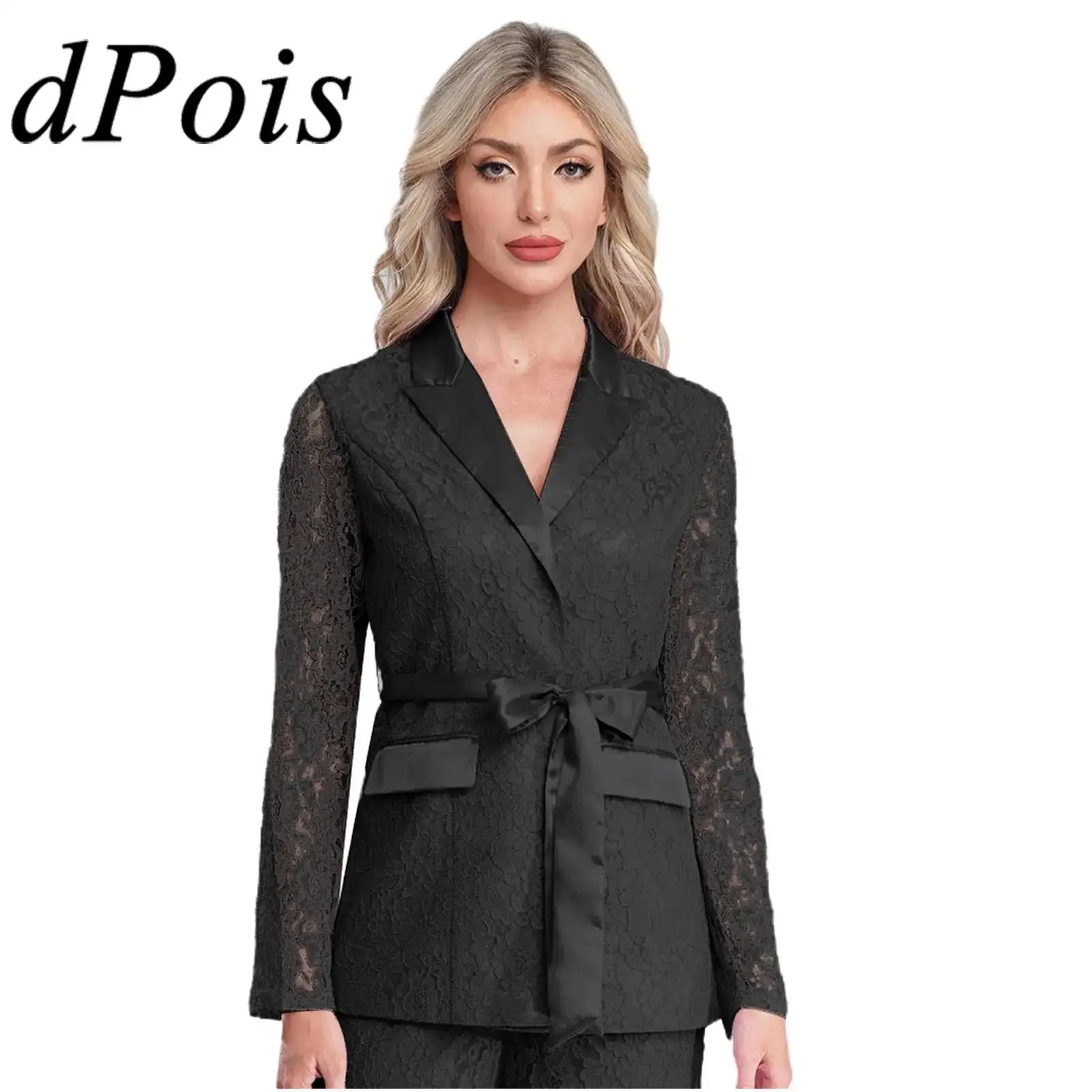 

Women's Blazers Elegant Floral Lace Belted Blazer Outerwear Sheer Long Sleeve Lapel Jackets Coat for Evening Party Office Work