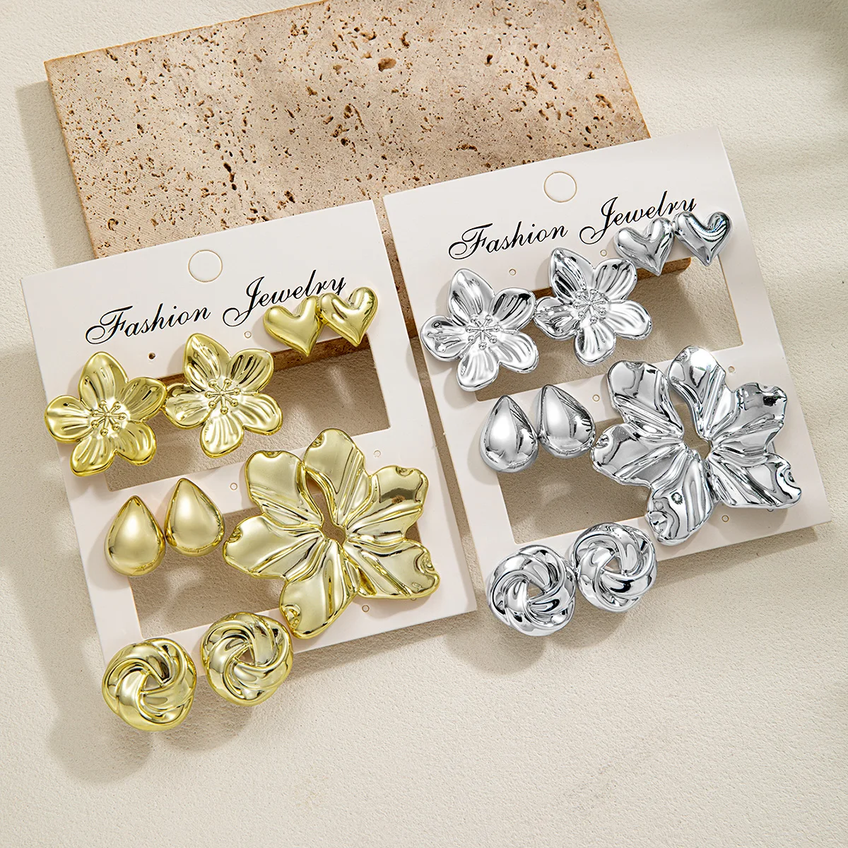 5 pairs of CCB flower peach heart earrings multi piece set, geometric large water droplet versatile women's earrings