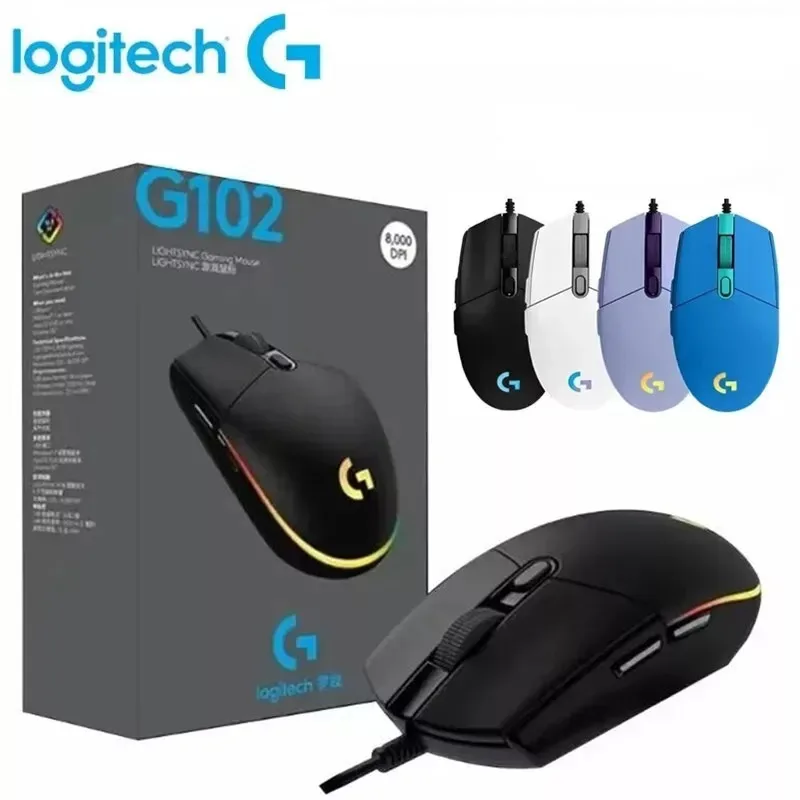 Original Logitech G102 Mouse USB Wired Gaming Mouse 8000 DPI Rainbow Optical Effect Screen For PC/Mac Computer and Laptop