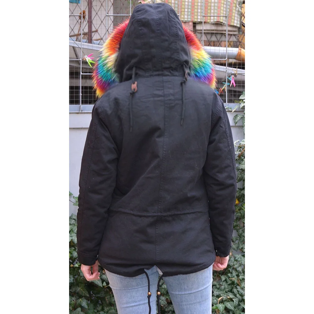 Women's Natural Fur Coat Winter Jacket with Real Raccoon Fur Collar Warm Thick Parkas with Removable Faux Fur Lining Short