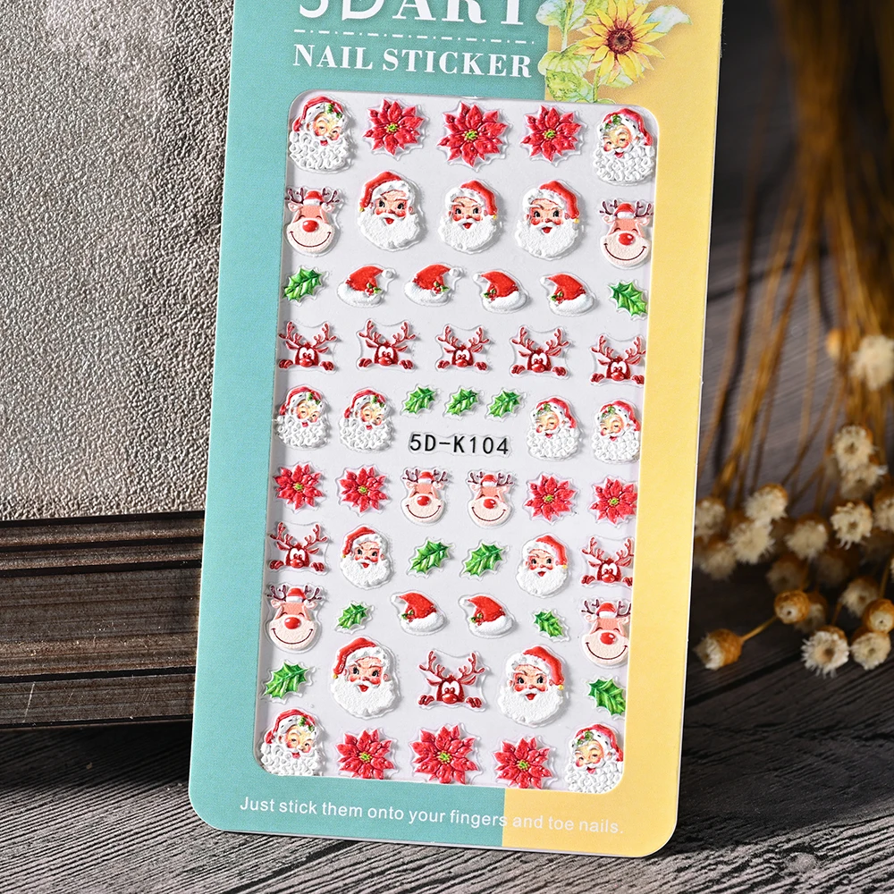 5D Christmas Nail Sticker White Snow  Deer Santa Claus Winter Snowy Tree Embossed Slider DIY Christmas Decals Manicure Stickers