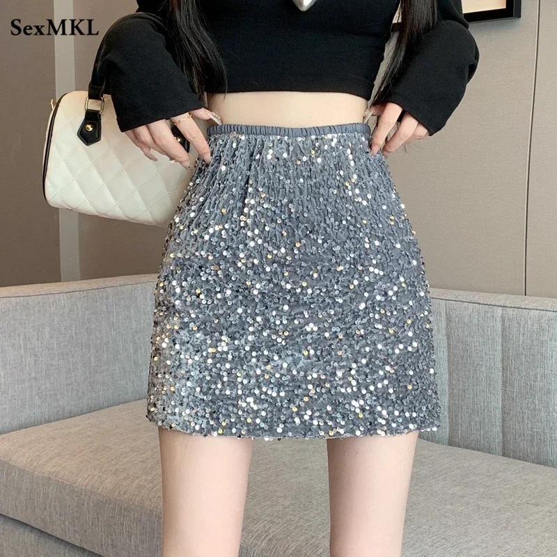 

Sexy Shiny Mini Skirts Women 2024 Fashion High Waist Bodycon Faldas Casual Korean Slim Sequined Skinny Kawaii A Line Micro Skirt