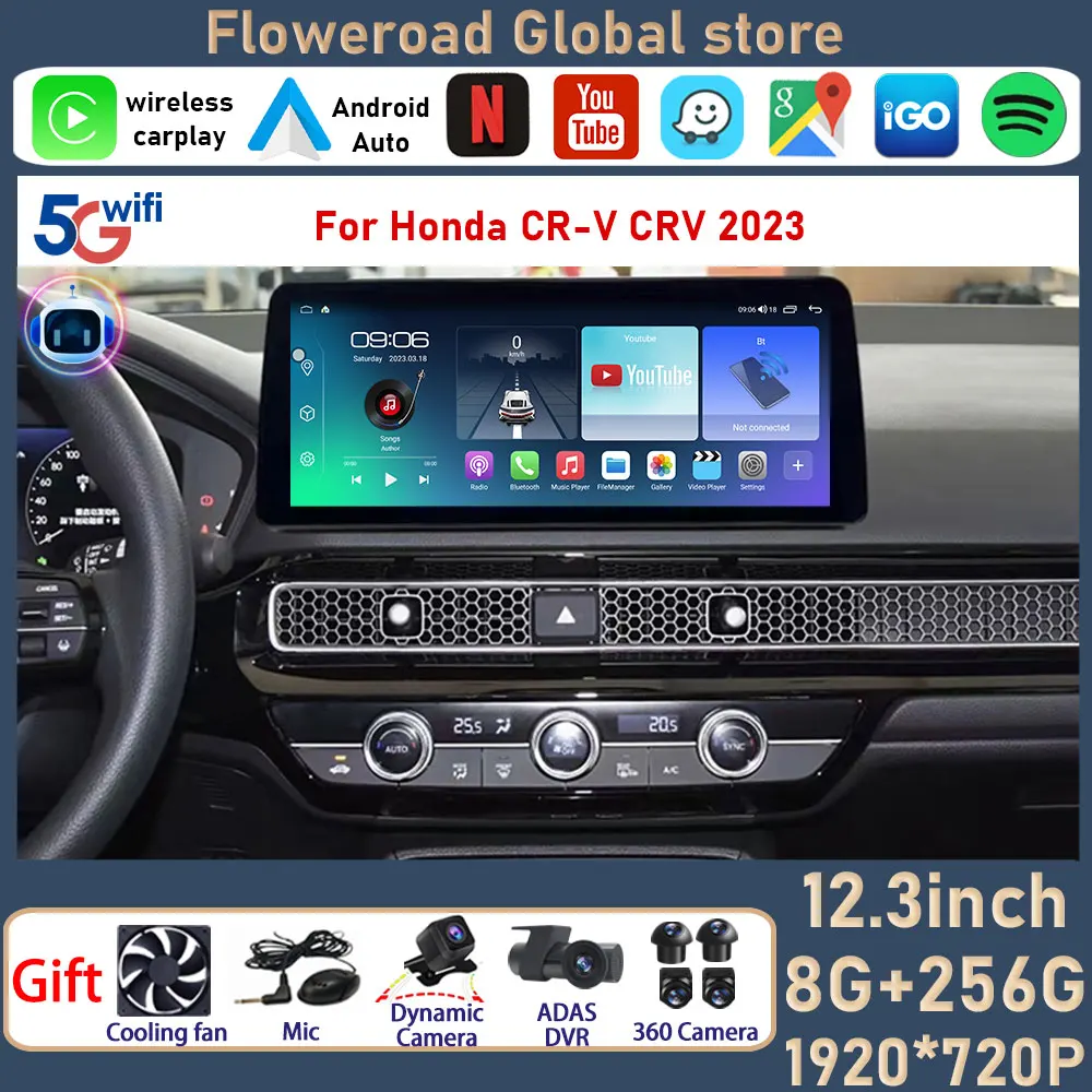 12.3'' Android Auto For Honda CR-V CRV 2023 QLED Carplay Screen Car Radio Stereo Multimedia Video Player Navigation GPS Monitor