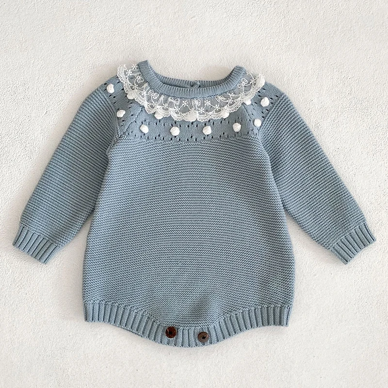 Kids Baby Girls Long Sleeve Solid Color Knit Jumpsuit Spring Infant Baby Girls Clothes Newborn Baby Girls Lace Rompers 0-3Yrs