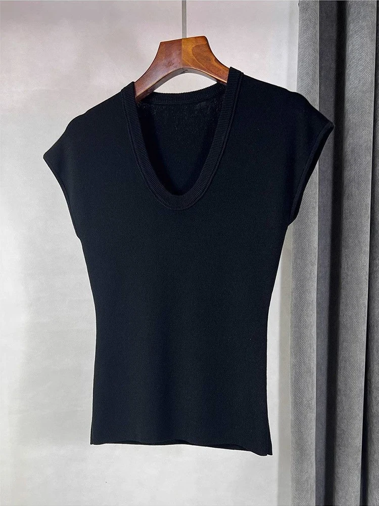 Ijs Zijde Gebreide Mouwloze Tops Zomer Chic Dunne Vrouwen Top Casual Veelzijdige Slim Fit Korte Mouw T-shirt Koreaanse Stijl Kleding