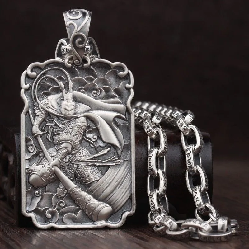 Solid 999 Silver Monkey King Buddha Pendant Vintage Bold Adjustable Chain for Men Victorious Fighting Deity Antiqued Finish Gift