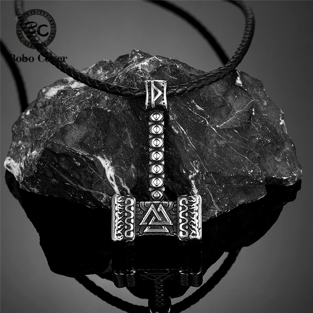 Viking Nordischen Mythologie thors Hammer Halskette Echtem Leder Seil Männer Antike Stahl Odin der Runes Mjolnir Valknut Amulett Schmuck