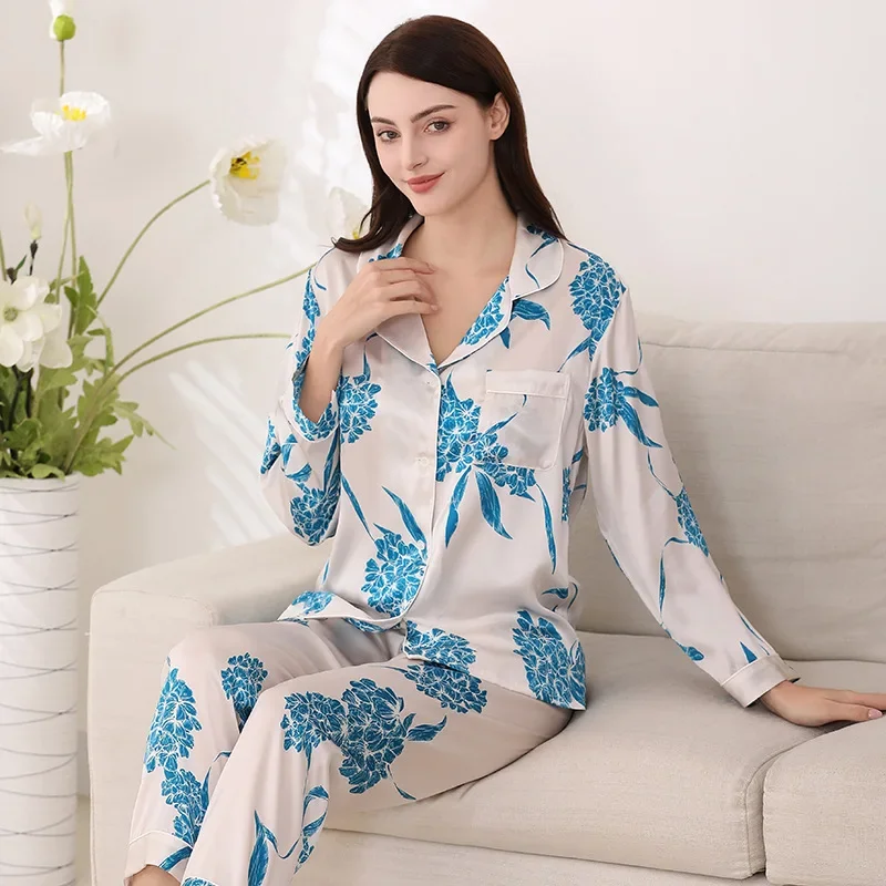 Floral Printed 100% Mulberry Silk Pajamas Women's Spring Long-sleeved Sleepwear Button Down Shirt & Pants Pyjama Loungewear Set