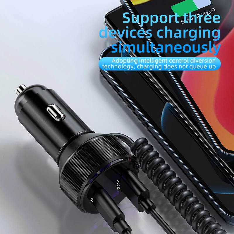 External Spring Charging Cable PD30W Multi-colour Ambient Light Fast Charging Car Charger