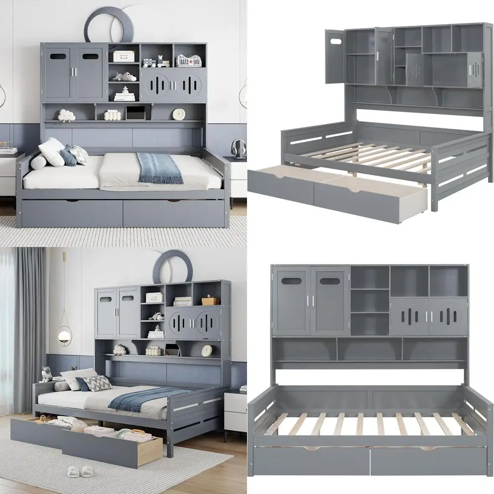 

Диван-кровать с местом для хранения, книжным шкафом и ящиками, двуспальная кровать с системой хранения, универсальная деревянная кровать-диван для детей и подростков, серый цвет
