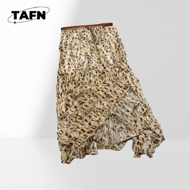 

25 Summer New Leather Waist Print Silk Side Slit Long Skirt Temperament Comfortable Fashionable for Fall and Winter AG2335