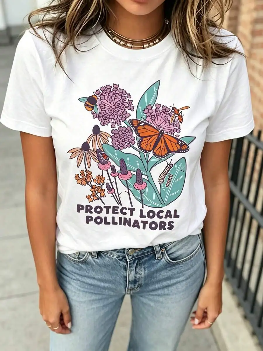 Women Trendy Protect Local Pollinators Butterfly Print T Shirt Floral Short Sleeve Summer Everyday Wear Casual Top